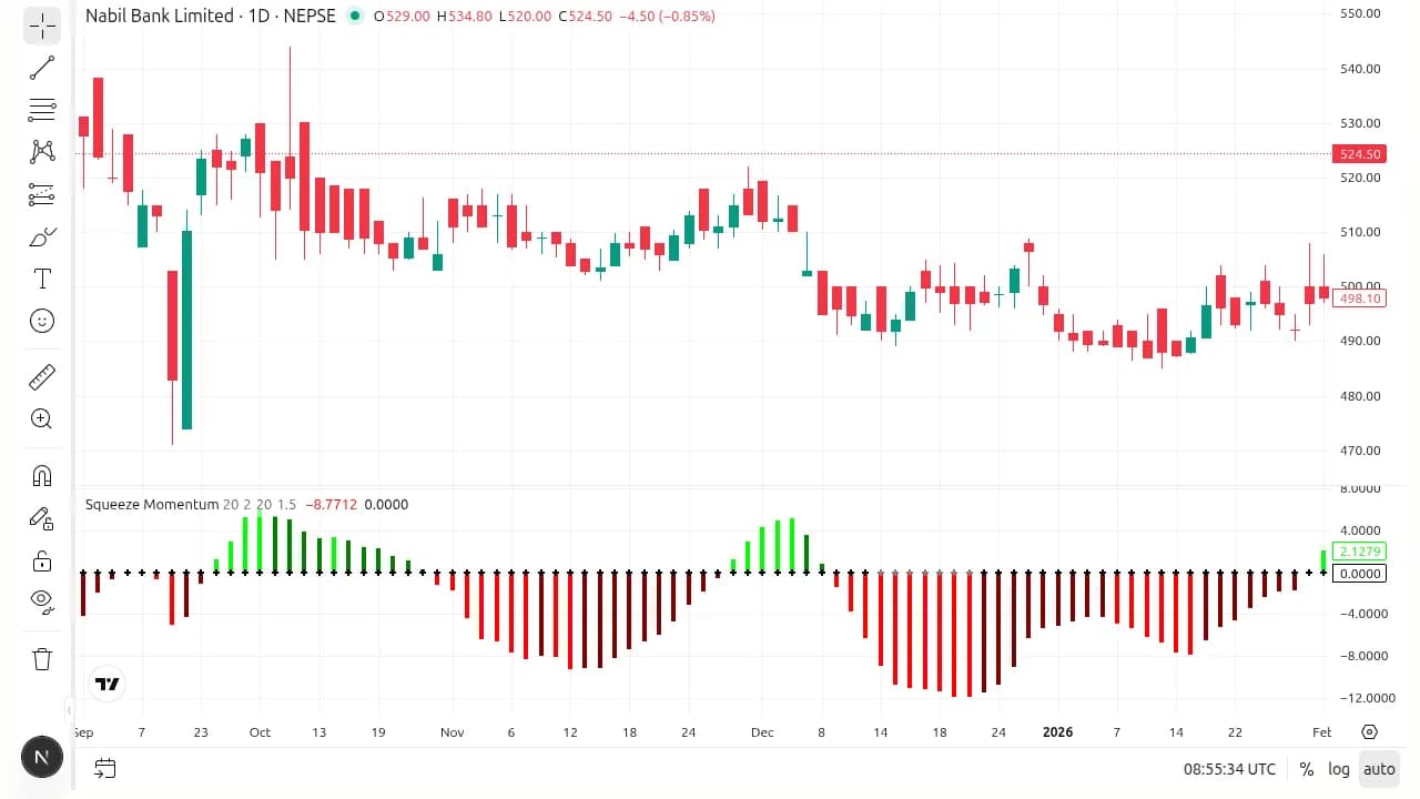 NABIL daily ranging sideways from September to January while the Squeeze histogram oscillates between small green and red humps with no sustained direction.